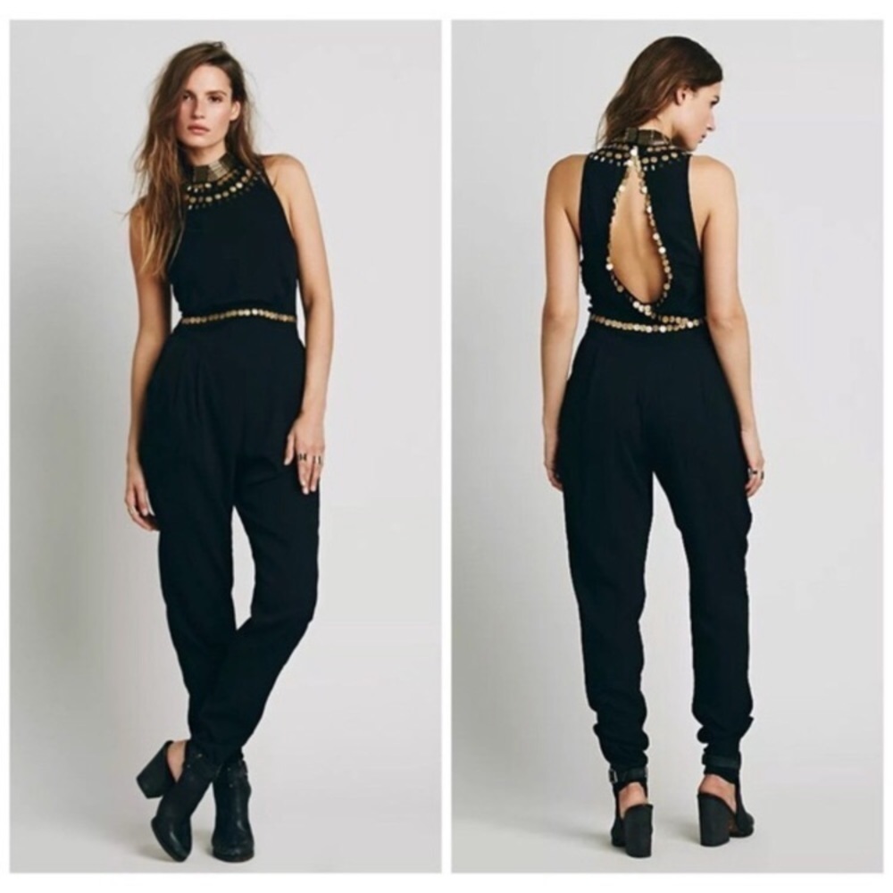 Free People Black Coin Embellished Jumpsuit Sz 4